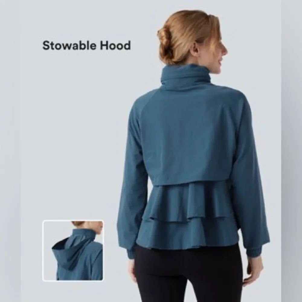 NWT Halara SZ L *Blue Ashes* Mesh Ruffle Hem Workout Jacket with Pocket